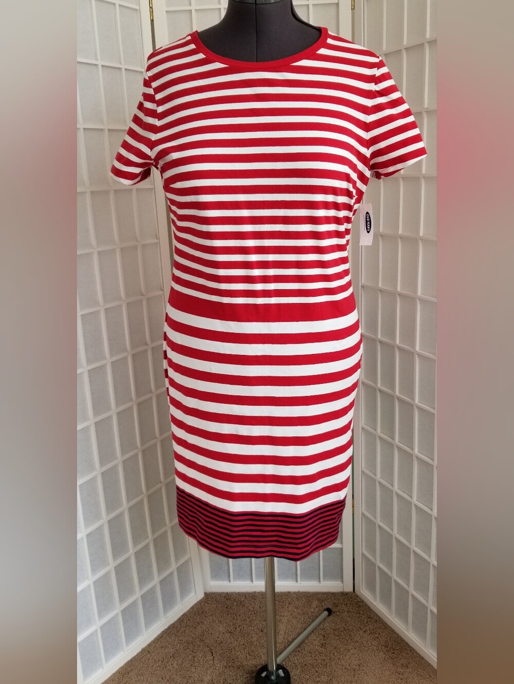 Classic Red & White Striped Short Sleeve Dress Old Navy Cotton Spandex NWT